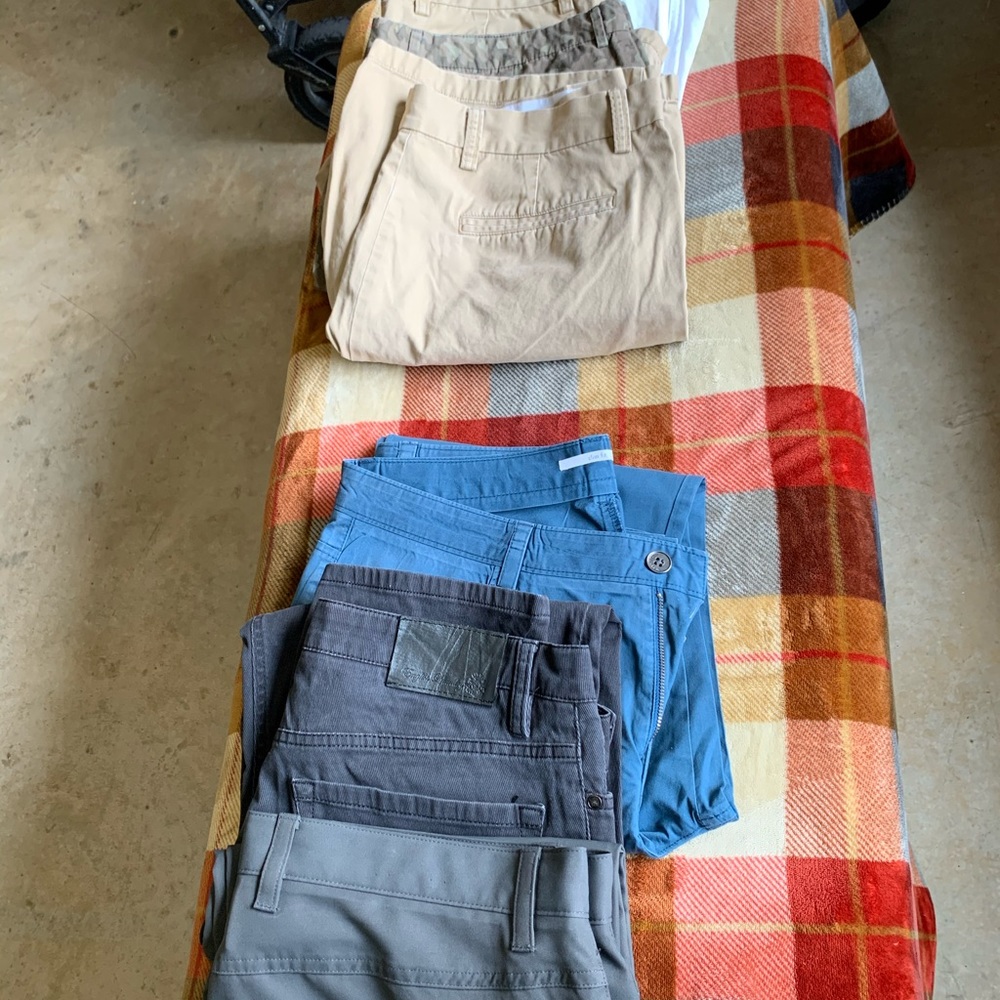 Box of men’s L clothing, pants 34&36 x 30